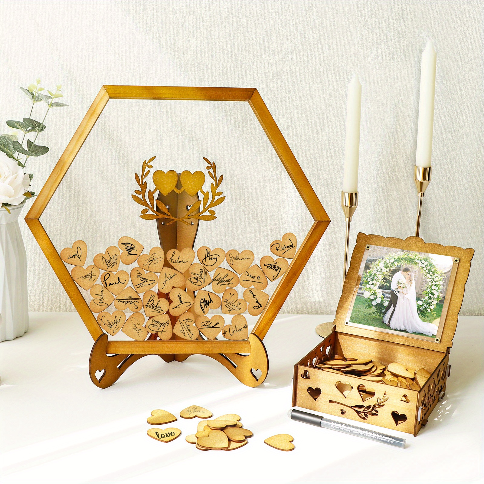 Hexagon Brown Wooden Wedding Frame Guest Book Drop Box Stand - Temu