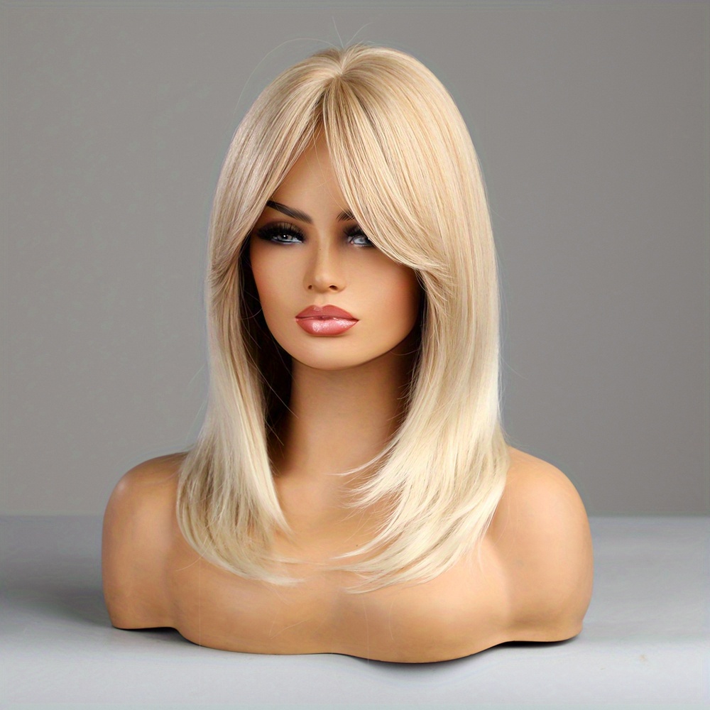 Blonde Ombre Short Straight Layered Wig Bangs Synthetic Wig Temu