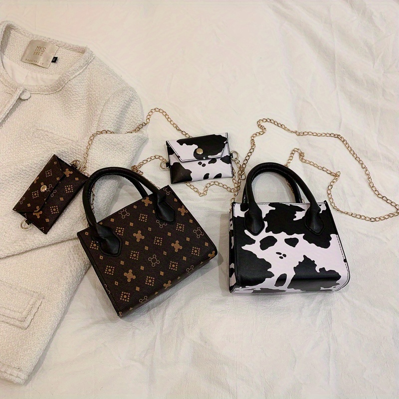 Mini Cute Cow Print Crossbody Bag, Kawaii Square Shoulder Bag