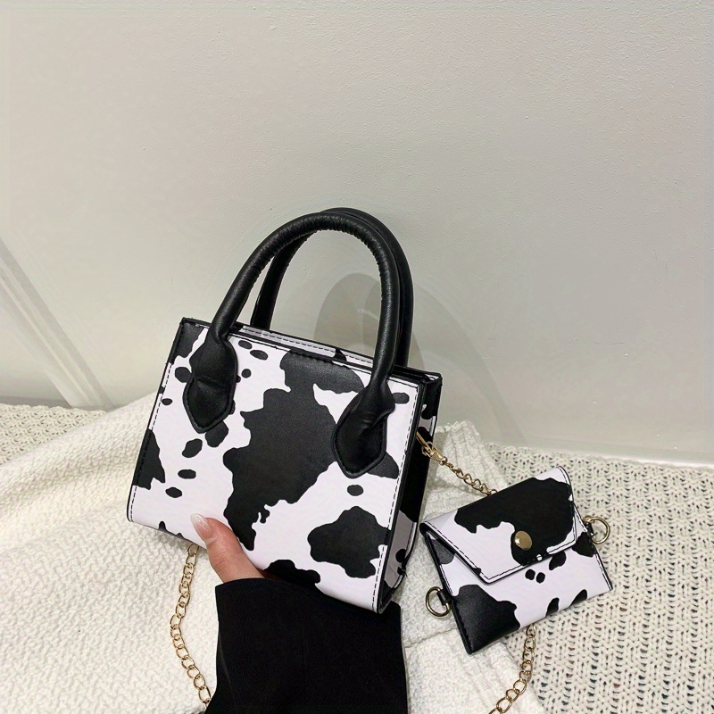 Mini Cute Cow Print Crossbody Bag, Kawaii Square Shoulder Bag