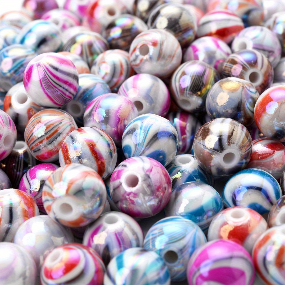 20-30pcs Rainbow Beads Round Stripe Mixed Color Resin DIY For