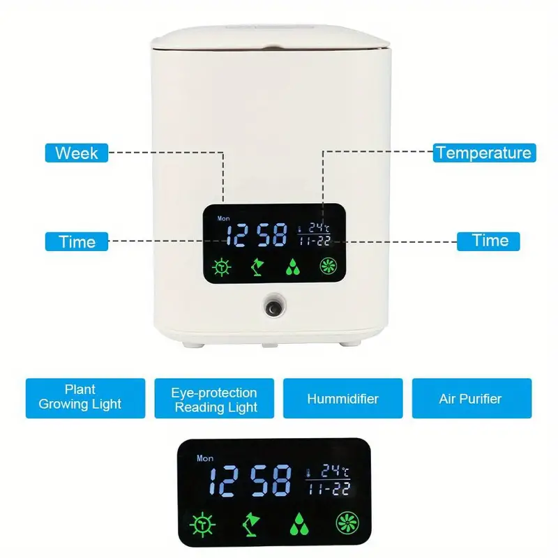 1pc 7 in 1 air purifier aroma humidifier with bt speaker smart flower pot table lamp alarm clock thermometer and clock multifunctional humidifier household ornament details 4