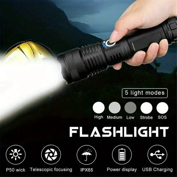 1pc 90000 lumens powerful flashlight usb rechargeable waterproof xhp70 searchlight super bright 5 modes led flashlight zoom bar torch for hiking hunting camping outdoor sport battery included details 0