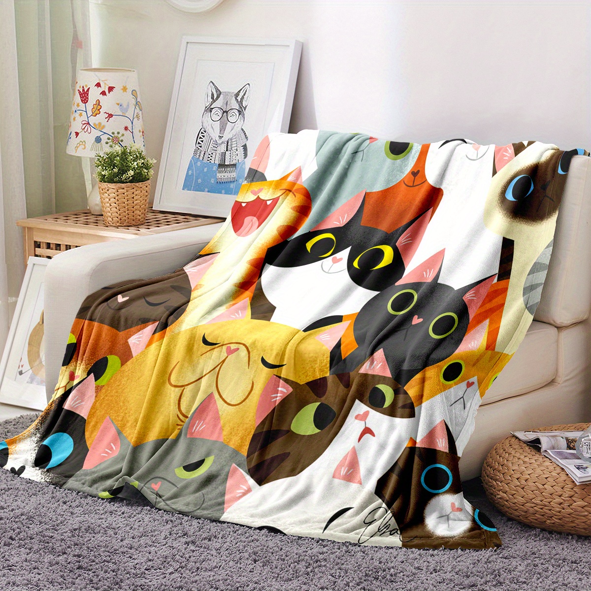 Soft Warm Cartoon Cat Print Flannel Blanket Seasons Perfect Temu