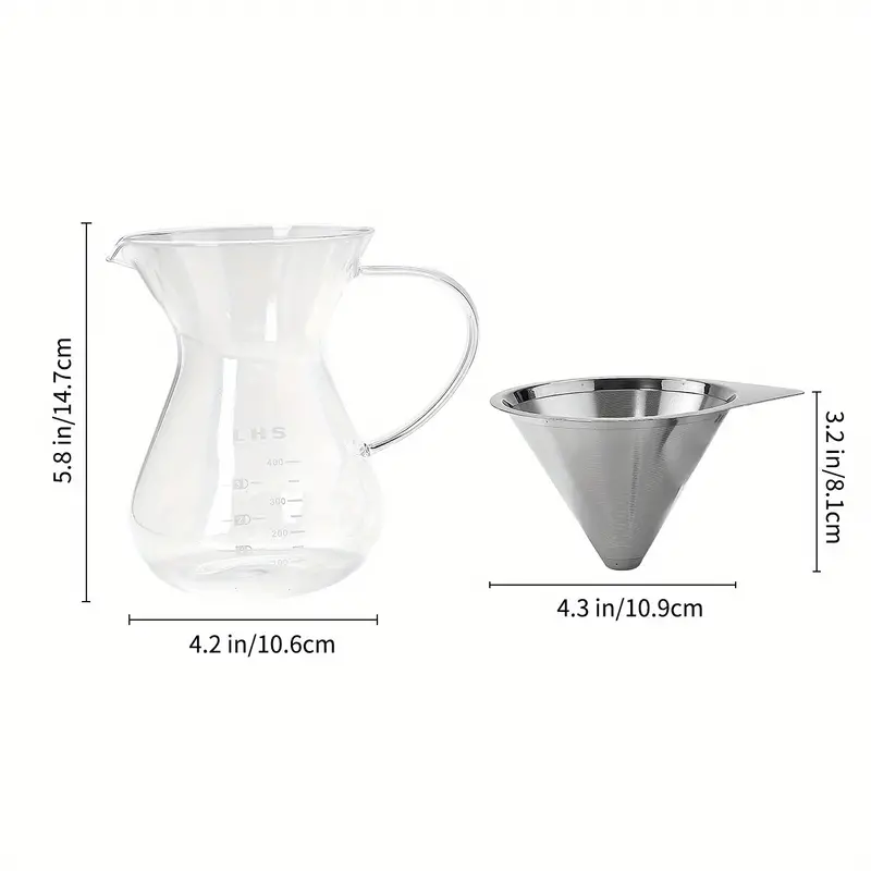1pc pour over coffee maker paperless reusable stainless steel filter and bpa free glass carafe hand coffee dripper brewer pot details 4