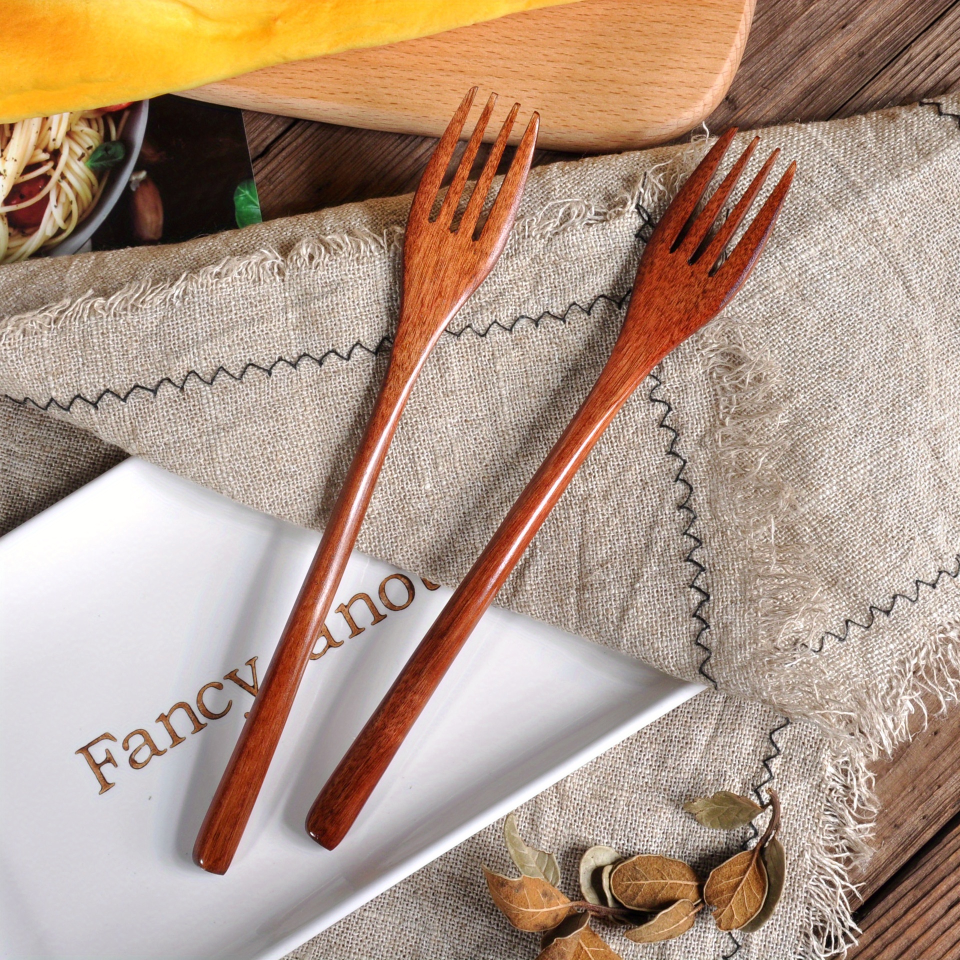 Image of 2pcs, Fruit Forks, Salad Forks, Forks, Pasta Fork, Wooden Dessert Forks, Fork For Salad, Fruit Fork For Party Buffet, Food Forks, Sandwich Forks, Kitchen Supplies, Tableware For