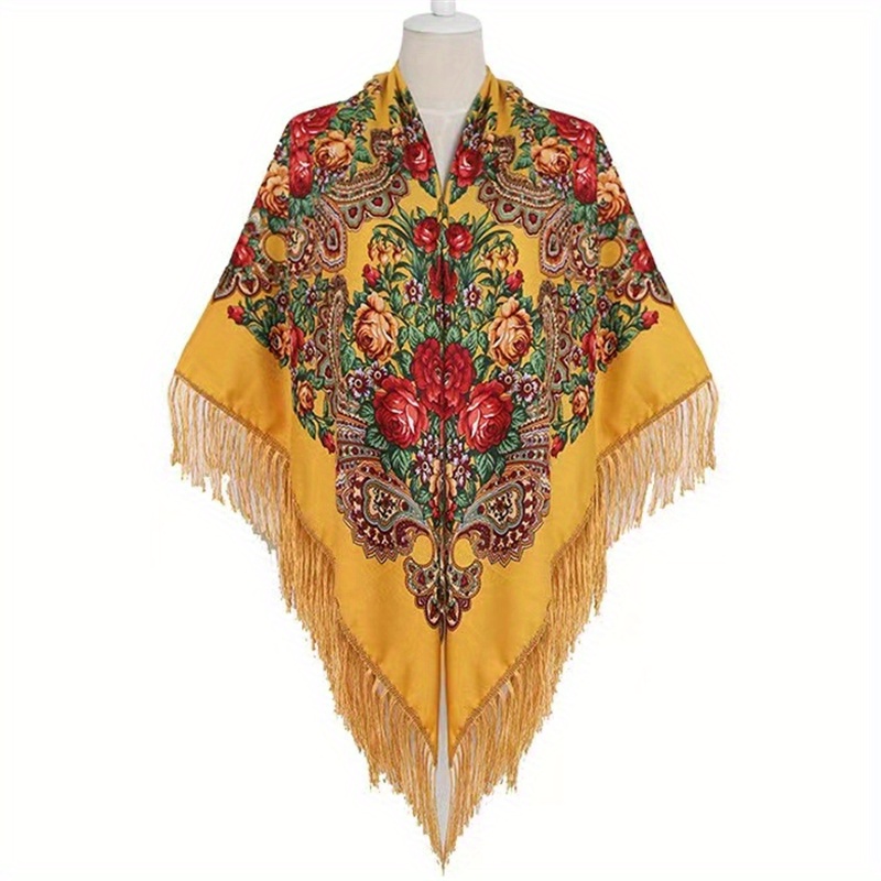 Fringed Ethnic Square Scarf Oversize Shawl Women's Scarf