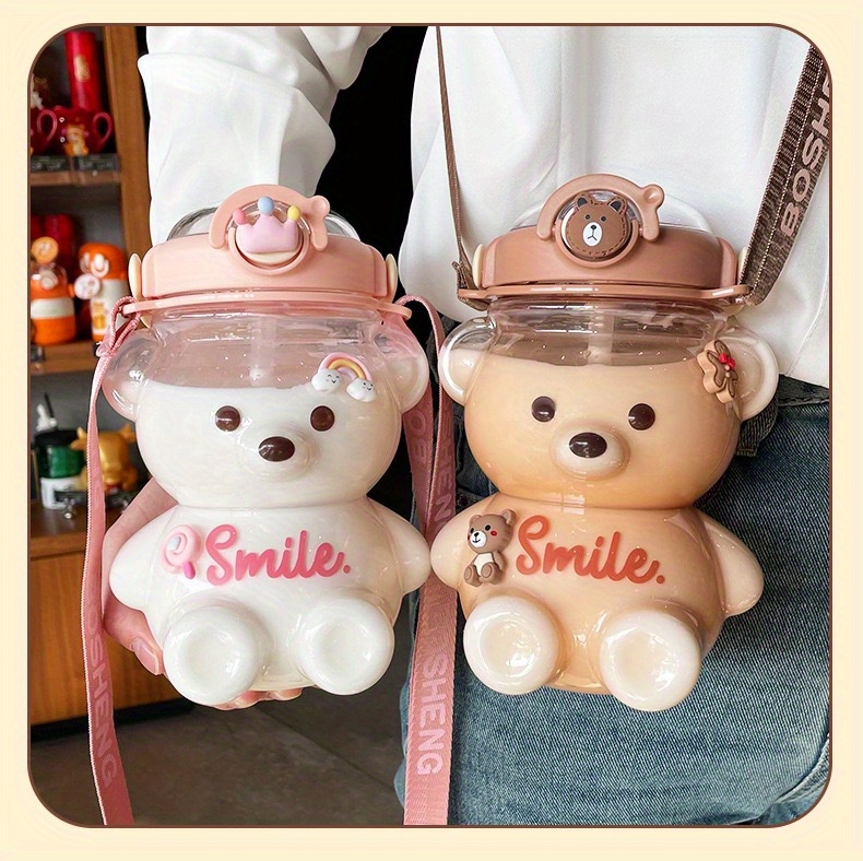 Dreamfocus Bear Water Bottles, Bear Cup with Straw, Cute Charms and Strap  for School Gifts