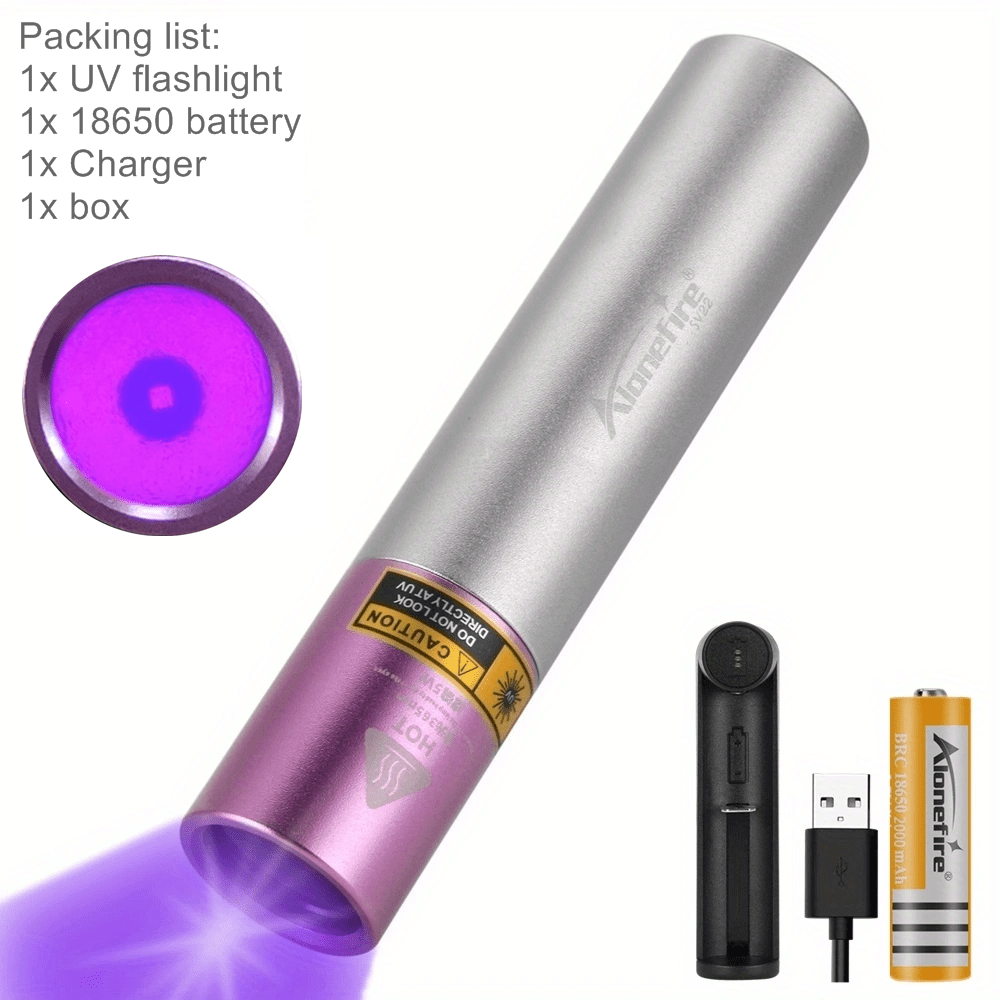 Alonefire SV18 12W 365nm Linterna UV USB recargable ultravioleta luz negra  detector de orina de mascotas para curado de resina, pesca, minerales