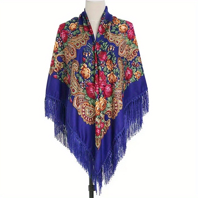 Fringed Ethnic Square Scarf Oversize Shawl Women's Scarf