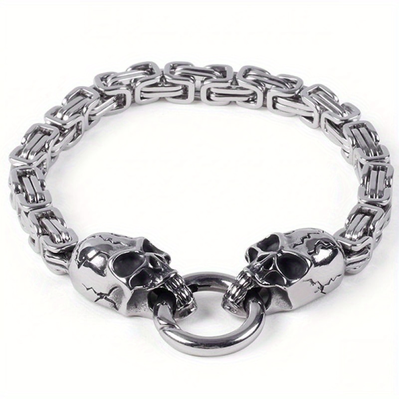 TEMU Stainless Steel Double Skull Bracelet, Fashion Personality Rock Trend Halloween Ornaments