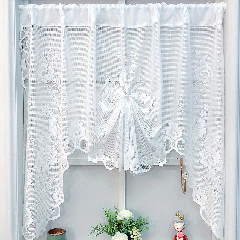 1pc elegant white lace flower print curtain for bedroom living room kitchen and study rod pocket window treatment for home decor details 0