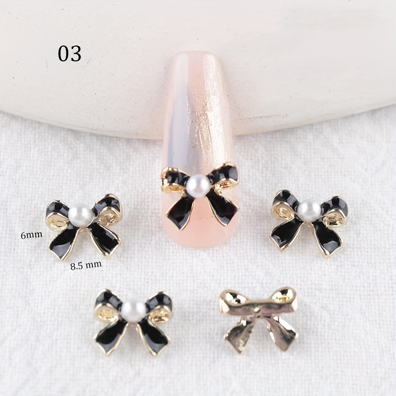 Luxury Black And White Alloy Bowknot Nail Charms With Pearls - Temu