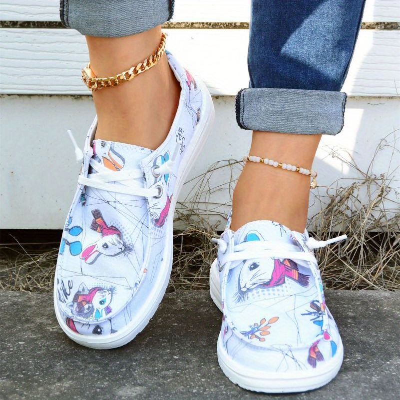Women's Rabbit Print Loafers Lace Up Canvas Shoes