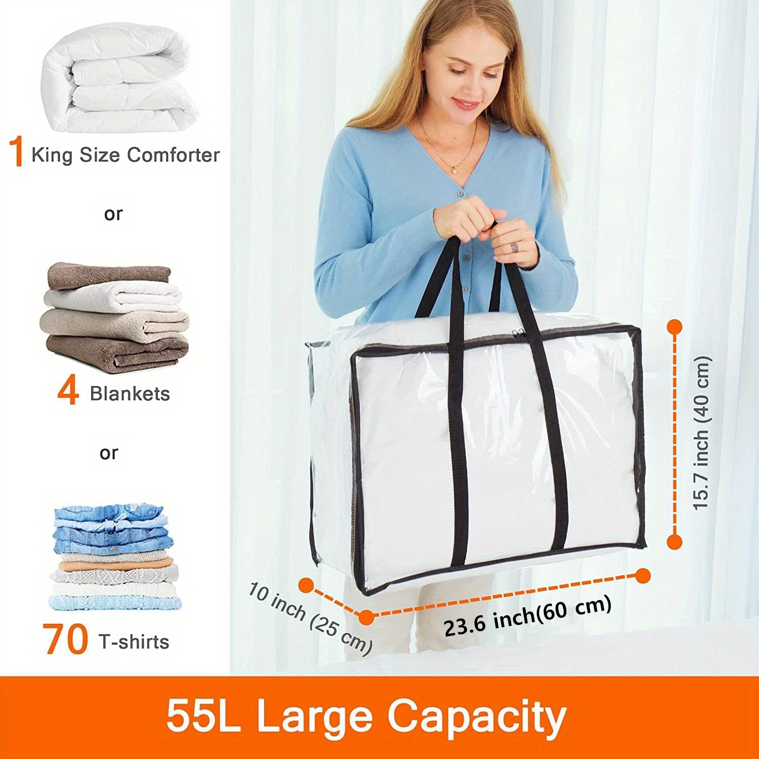 6 Large Vinyl Plastic Zippered Blanket Storage Bags w/ Handles 24 x 16 x  6