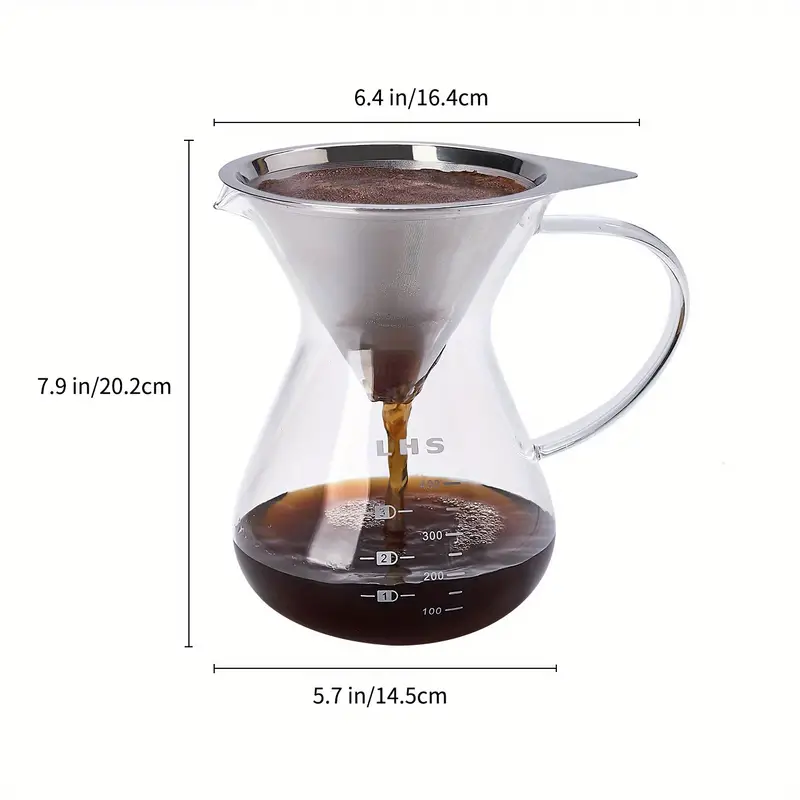 1pc pour over coffee maker paperless reusable stainless steel filter and bpa free glass carafe hand coffee dripper brewer pot details 5