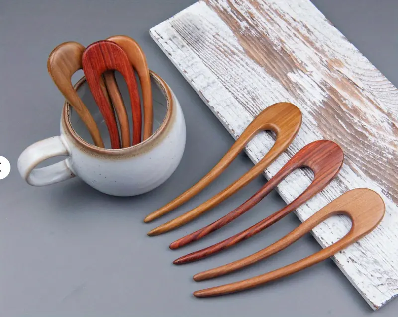 1pc minimalist u shape two pronged wood hair fork wood hairpin for thick hair minimal bun holder and ponytail holder details 1