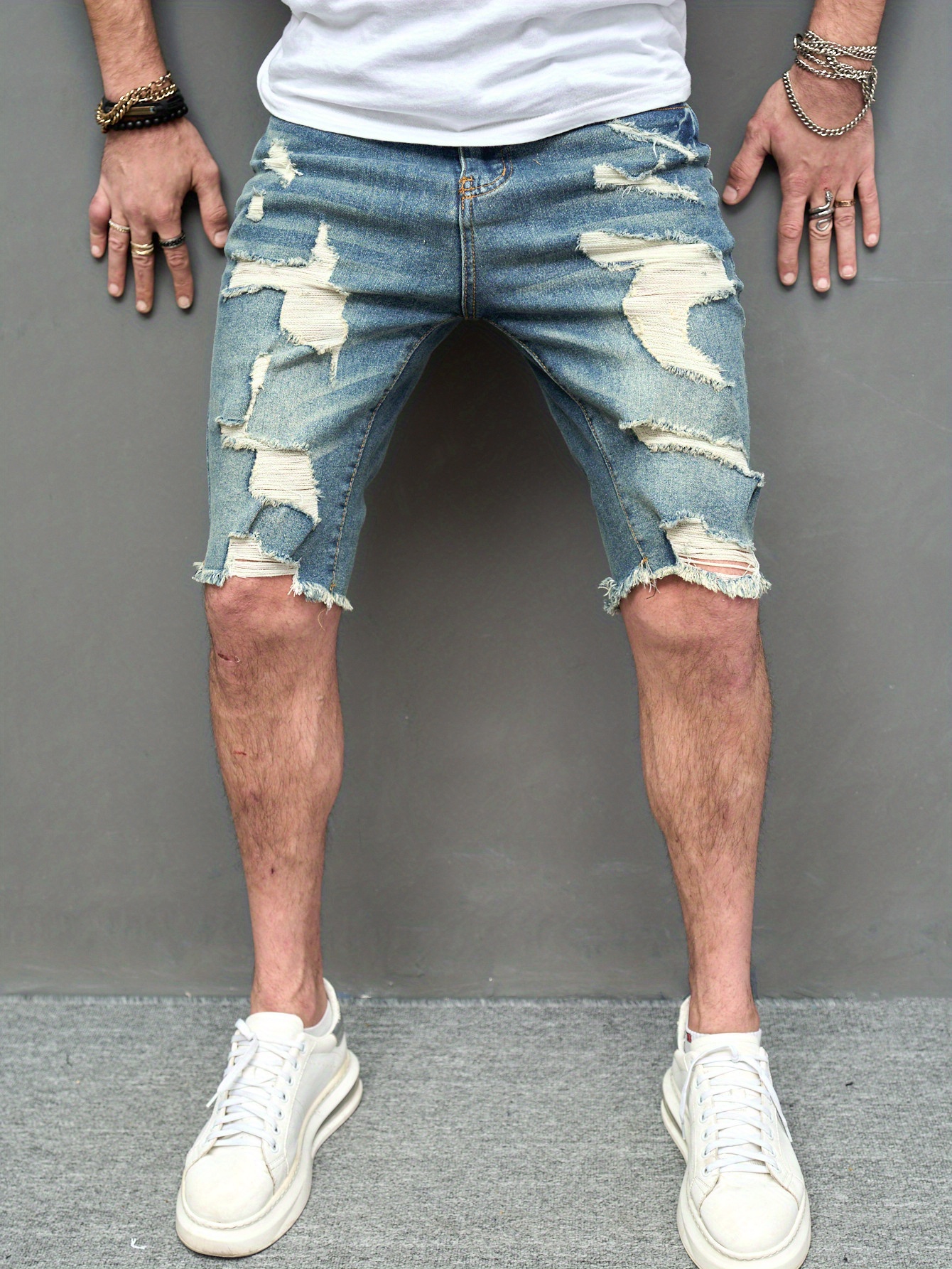 Ripped Design Denim Shorts Men's Casual Street Style High - Temu