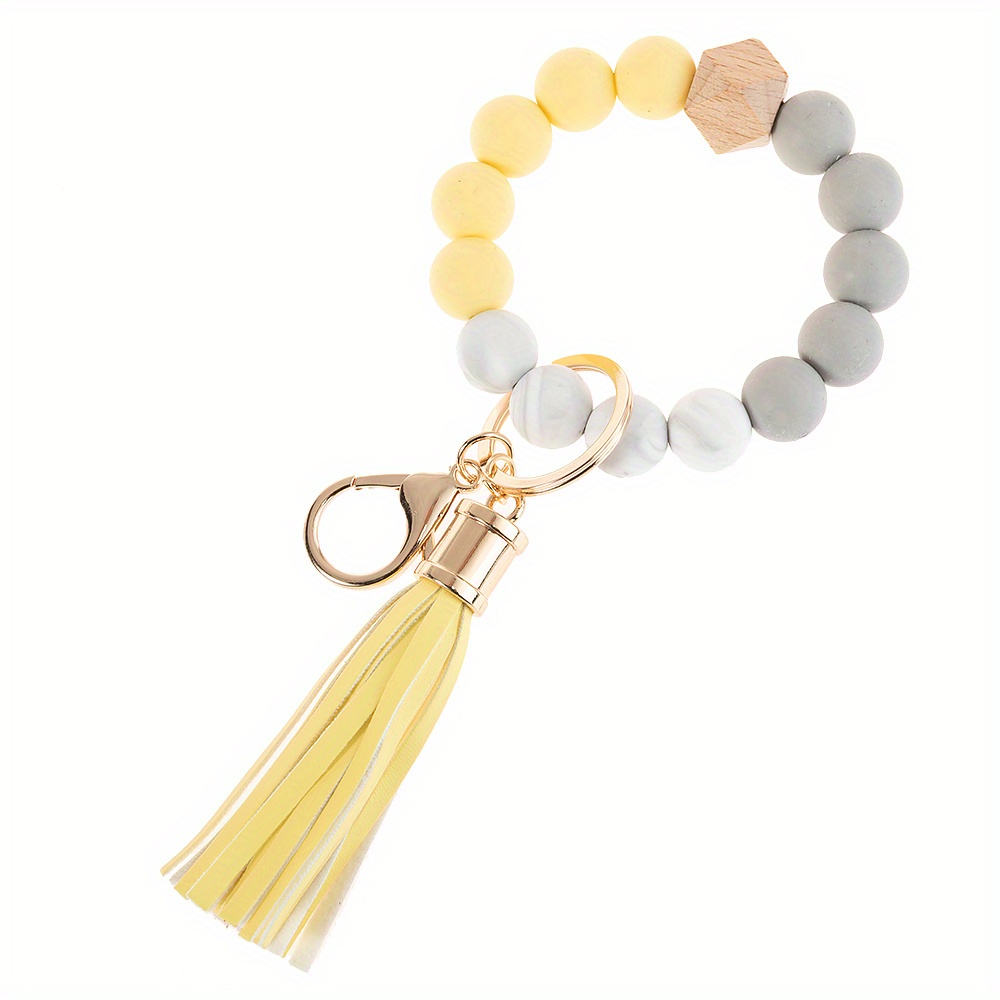 1Pc Silicone Keychain For Keys Tassel Wooden Beads Wrist Keyrings