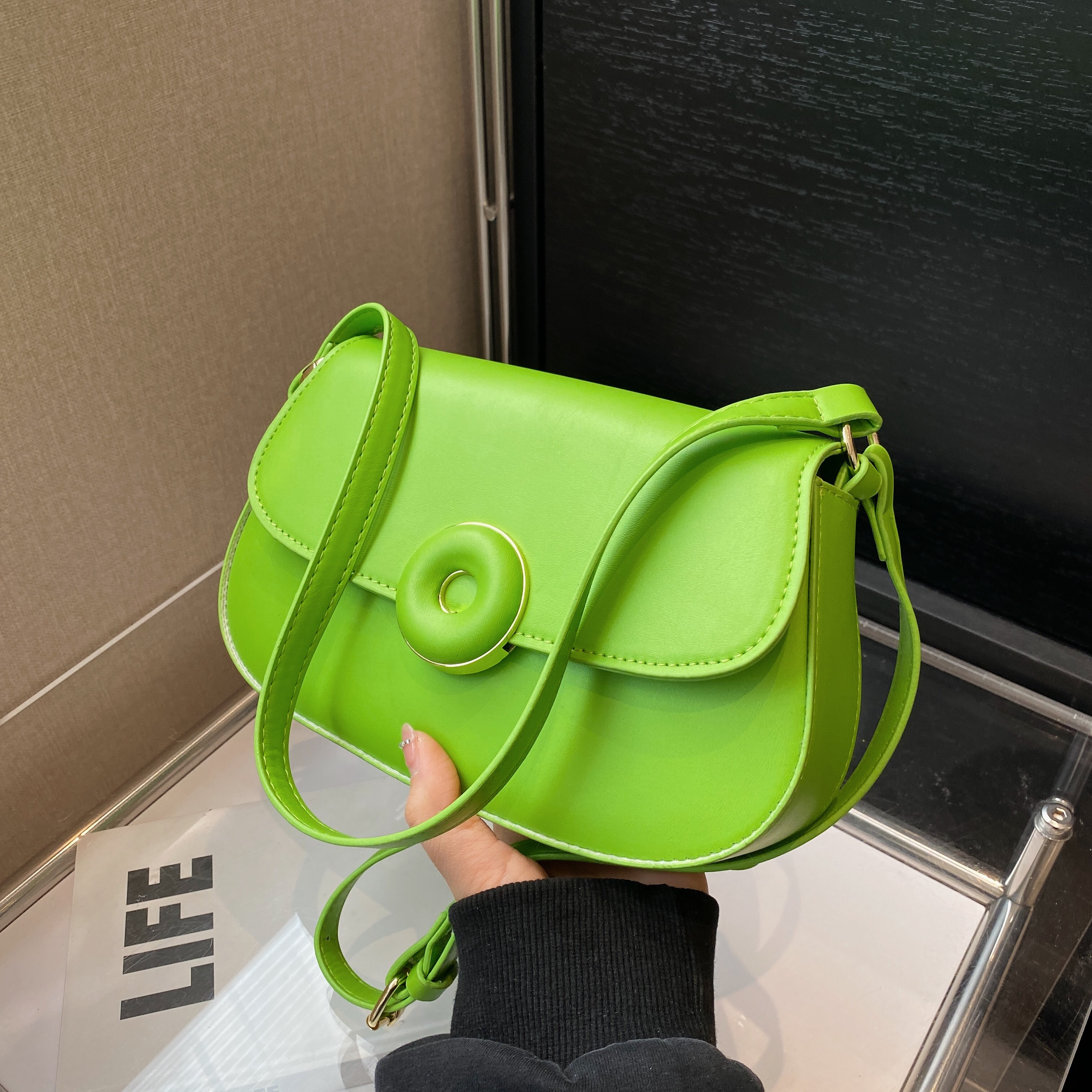 Fashionable Baguette Bag Green Small Flap PU