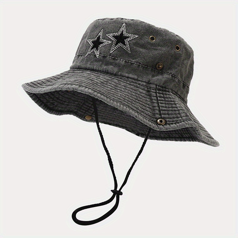 Dark Gray Cute Star Hat, Men's Cotton Washed String Cowboy Wide Brim Bucket Hat for Women,Temu