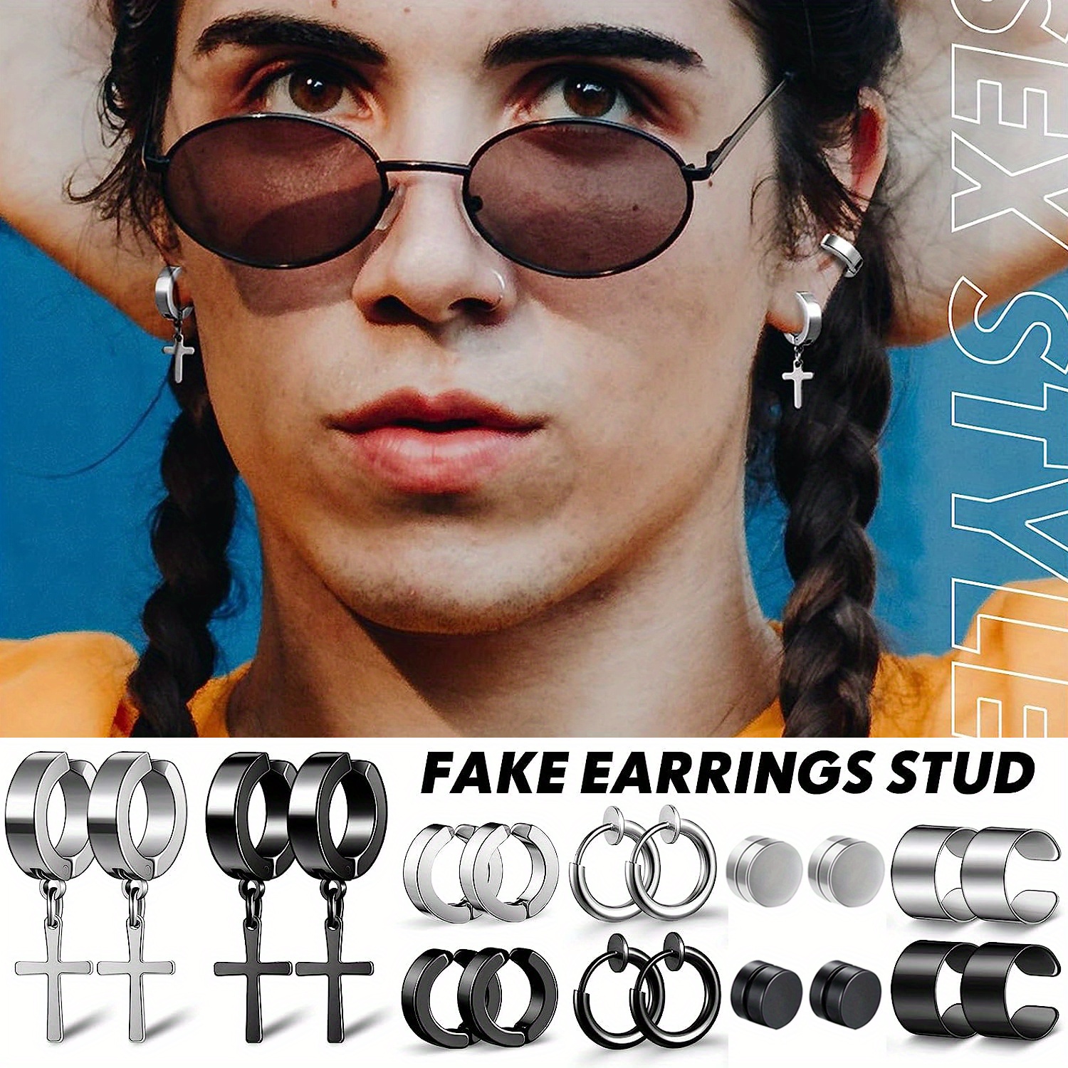 10 Pairs Non-Pierced Earrings for Men, Clip on Earrings, Stainless Steel Magnetic Stud Earrings, Hoop Earrings,Temu