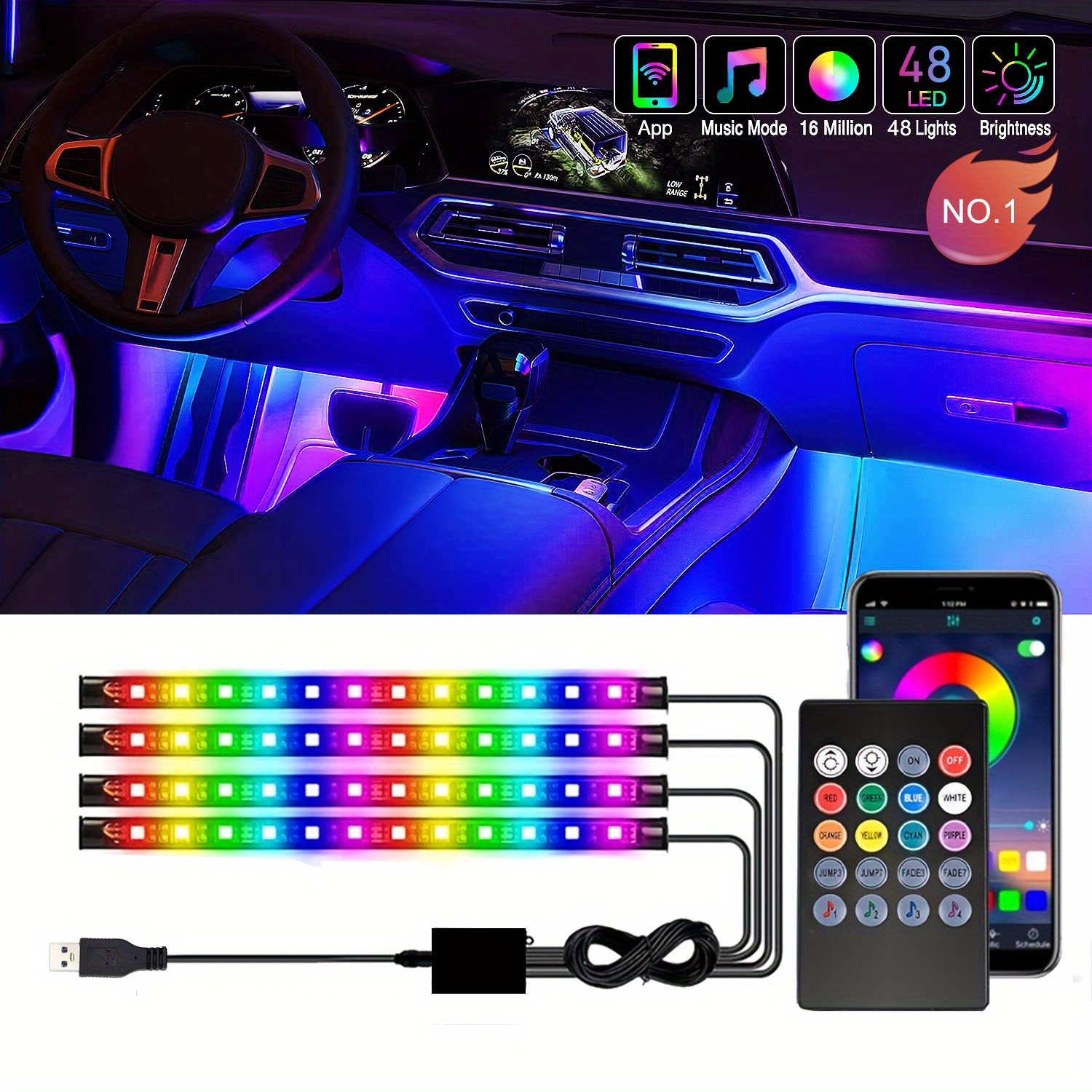 Car Interior Lights, Car Interior Led Car Lights, Car Led Light Strip,  48led Multicolor Car Atmosphere Lights With App Control And Usb