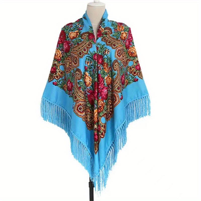 Fringed Ethnic Square Scarf Oversize Shawl Women's Scarf