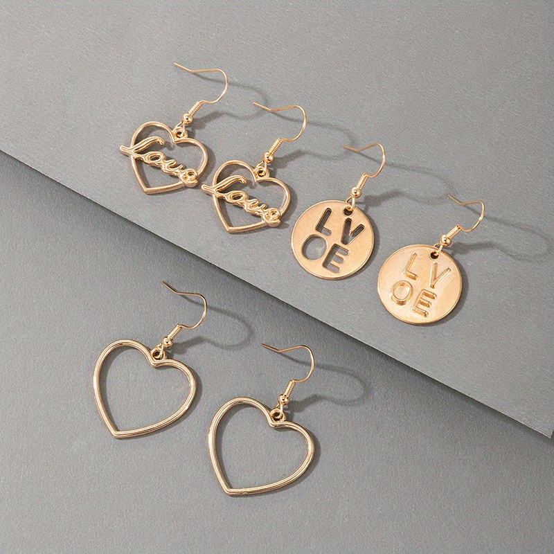 3 Pairs Golden Heart Round Shape Dangle Earrings Elegant