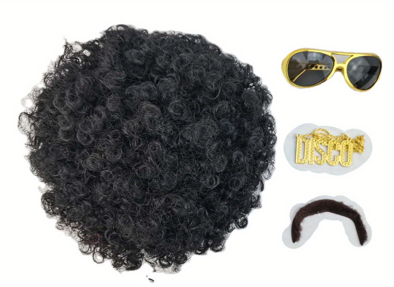 Wig Men's 5-piece Set (wig, Glasses, Necklace, Beard, Wig Cap) 70s Clothing Wig Disco Natural Short Black Curly Synthetic Hair Wig For Christmas Role-playing Party, Ideal Choice For Gifts details 5