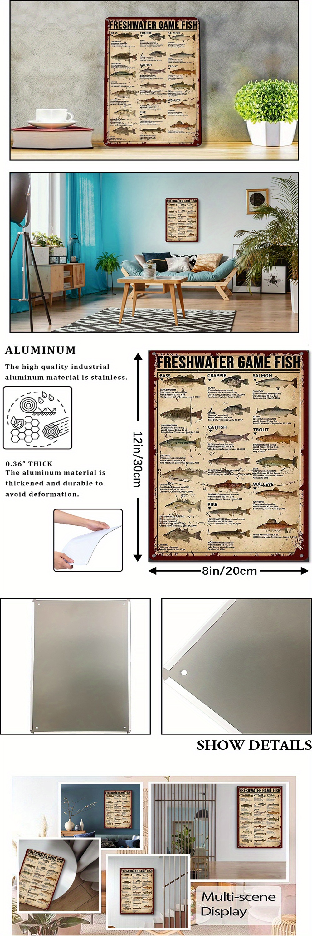 Fish Aluminum Metal Sign,Freshwater Game Fish,Wall Decor Poster Home Bedroom  Kitchen Bar Home Cafe 8x12 Inch