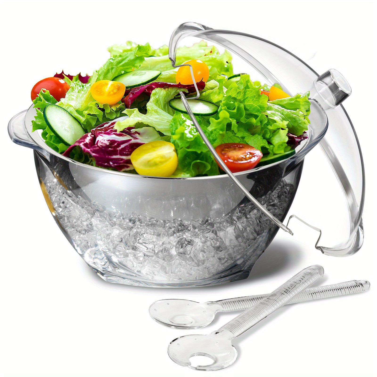 

1pc, Salad Bowl, 4.5 Qt Large Chilled Serving Bowl With Lid For Parties, Ice Bowls To Keep Veggie, Fruit, Potato, Pasta Cold, Kitchen Stuff, Kitchen Accessaries, Party Supplies