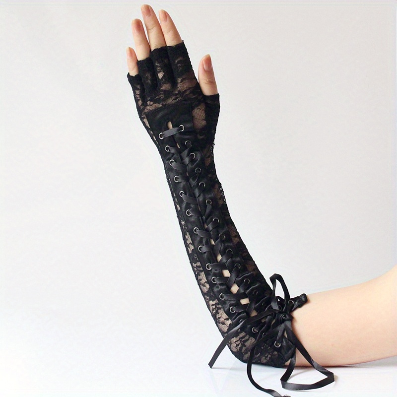 4.51]Clearance - Black Gothic Punk Fishing Net Cutout Design Long Gloves