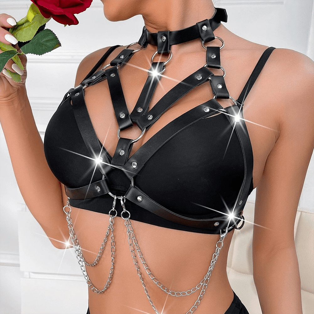 O-ring Chain Rivet Harness Belt Sexy Hollow Bra Body Harness Gothic PU  Suspenders For Women Clothing Accessories