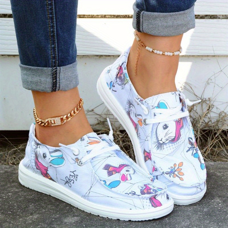 Women's Rabbit Print Loafers Lace Up Canvas Shoes