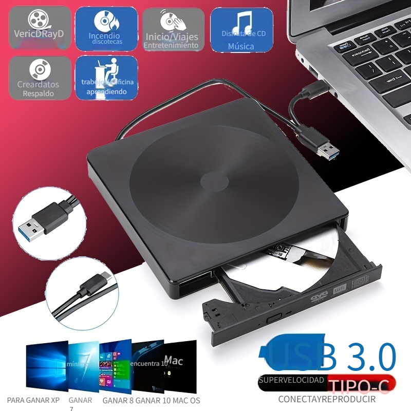 Unidad externa de CD/DVD para portátil USB 3.0 Reproductor de CD/DVD  portátil +/-RW grabadora de CD ROM lector reescritor duplicador de discos