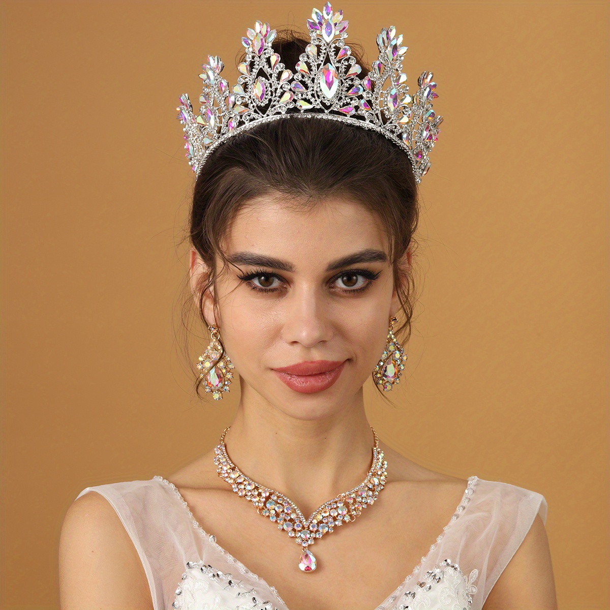 Silvery Bridal Crown Necklace Earrings Set Rhinestone - Temu