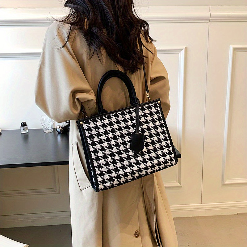 Houndstooth Pattern Tote Bag, Classic Retro Satchel Purse With Top Handle,  Women's Plaid Pattern Shoulder Bag - Temu