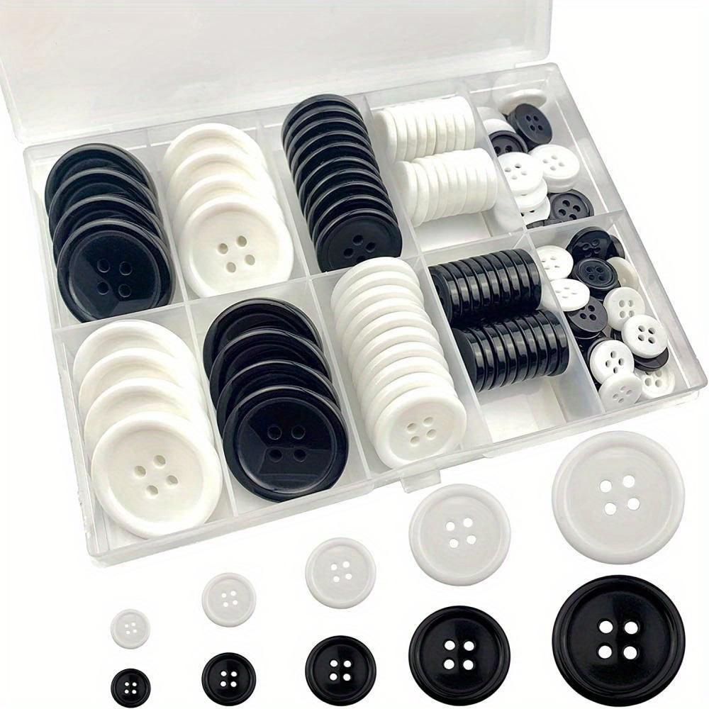 Image of 160pcs Mixed Resin Sewing Buttons, 1 Inch Buttons With Compartmentalized Storage Box Black Buttons, 4 Holes 5 Sizes White Buttons, Suitable For Sewing, Art And Craft And Holiday Decoration
