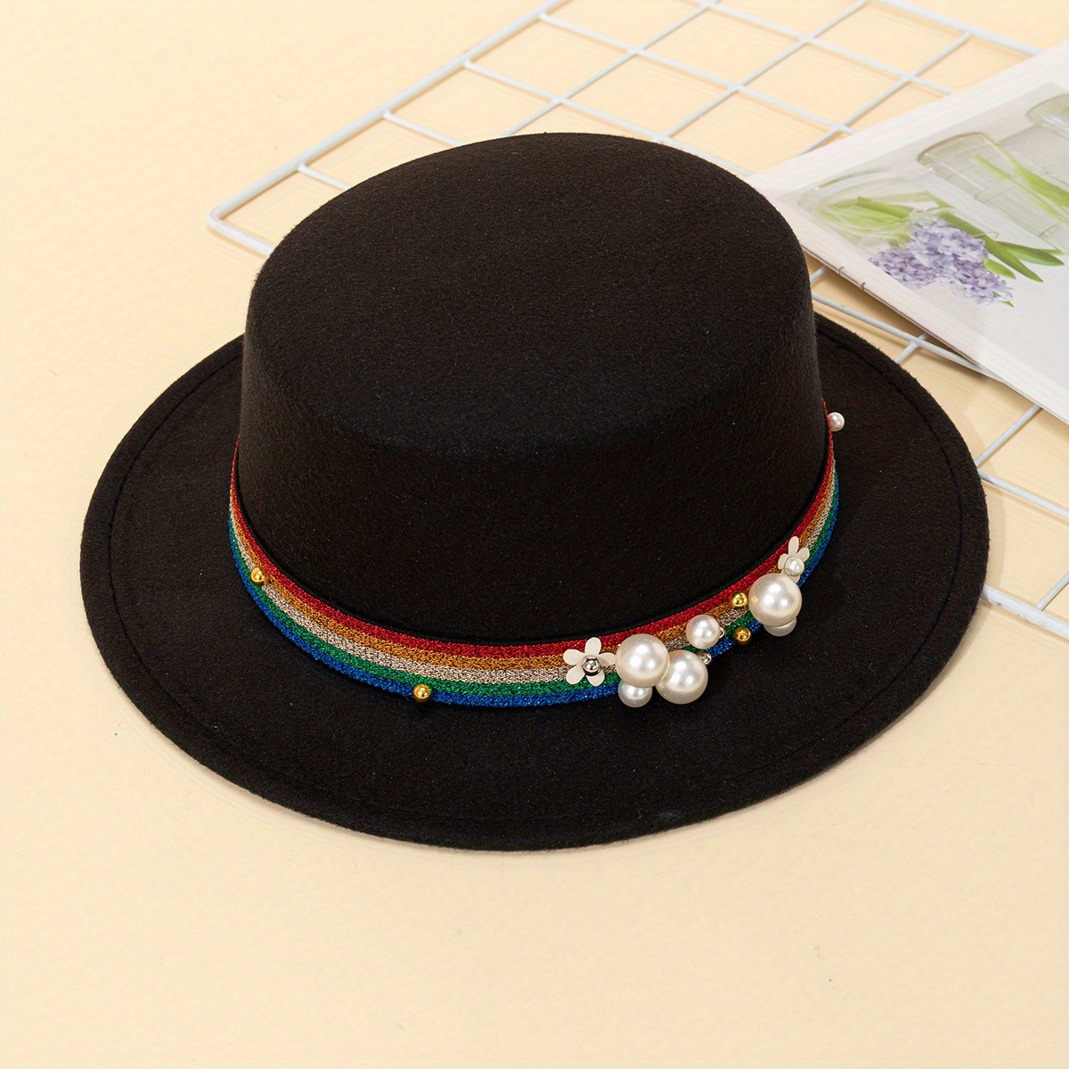 Fedoras Elegant Rainbow Pearl Flat Top Flat Brimmed Woolen Hat For Adult -  Jewelry & Accessories - Temu