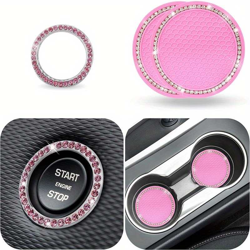 TEMU 3pcs Set Bling Car Cup Mat/ Diamond-studded Car Cup Mat/ Soft Rubber Insulating Cup Mat With Drill/ Universal Car Interior Additions