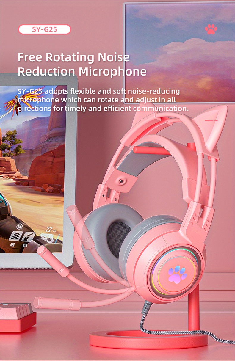 g25 computer headset pink cat ear luminous rgb light stereo bass surround compatible with ps4 pc xbox one ps5 notebook mac mobile 1 2 conversion cable soft memory earmuffs details 8