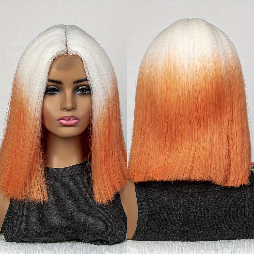 200 Density Blonde And Orange Straight Bob Wigs 4 2 Lace Front Hair Wigs Synthetic Fiber Heat 9028