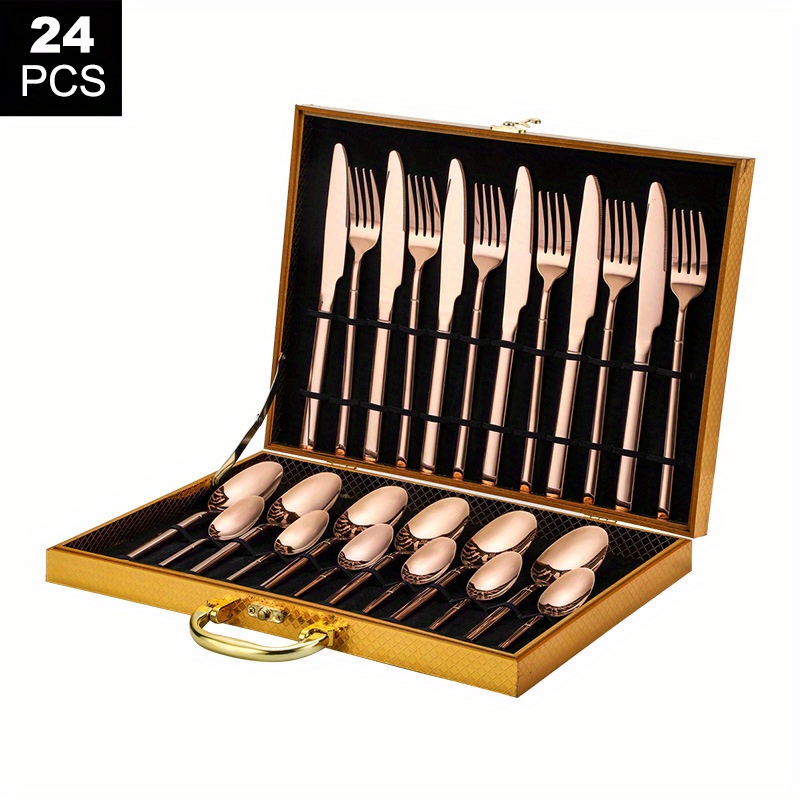 Juego de cubiertos de acero inoxidable de 24 piezas con caja de regalo,  elegante cuchillo tenedor, cuchara, cubiertos, servicio para 6 (oro rosa)