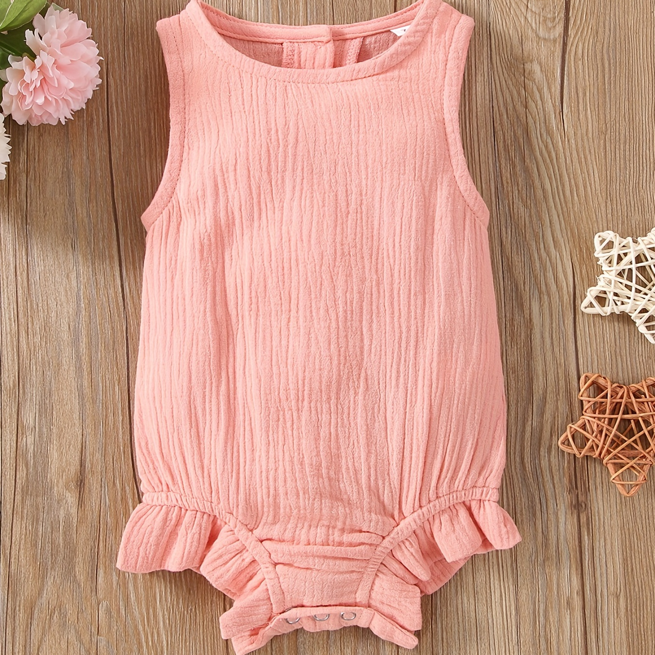 

Baby Girls Casual Plain Color Ruffle Trim Sleeveless Muslin Onesie Clothes For Summer