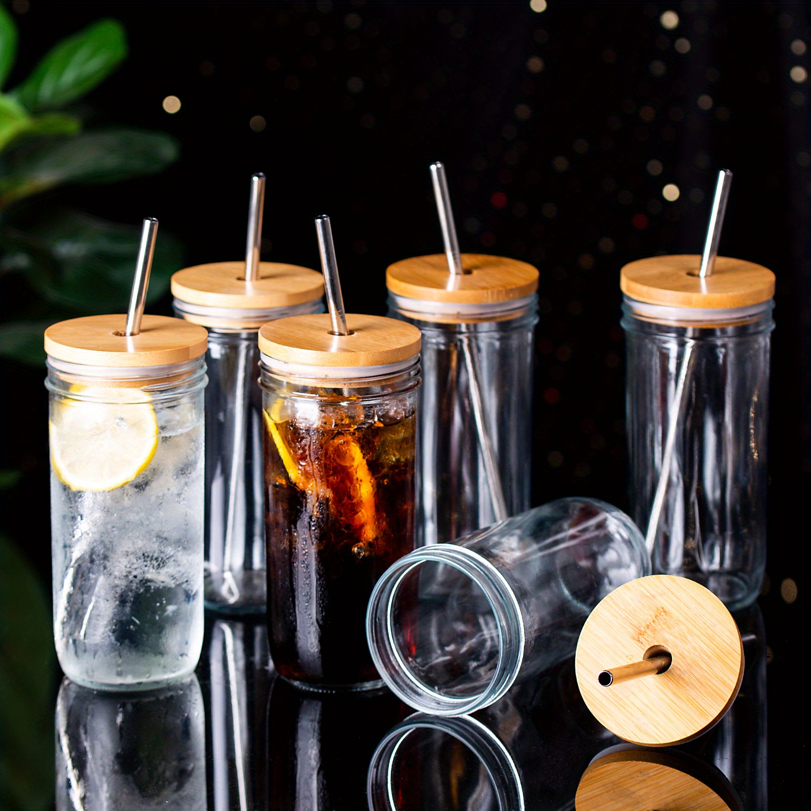 Clear Glass Tumblers With Bamboo Lids And Stainless Steel Straws