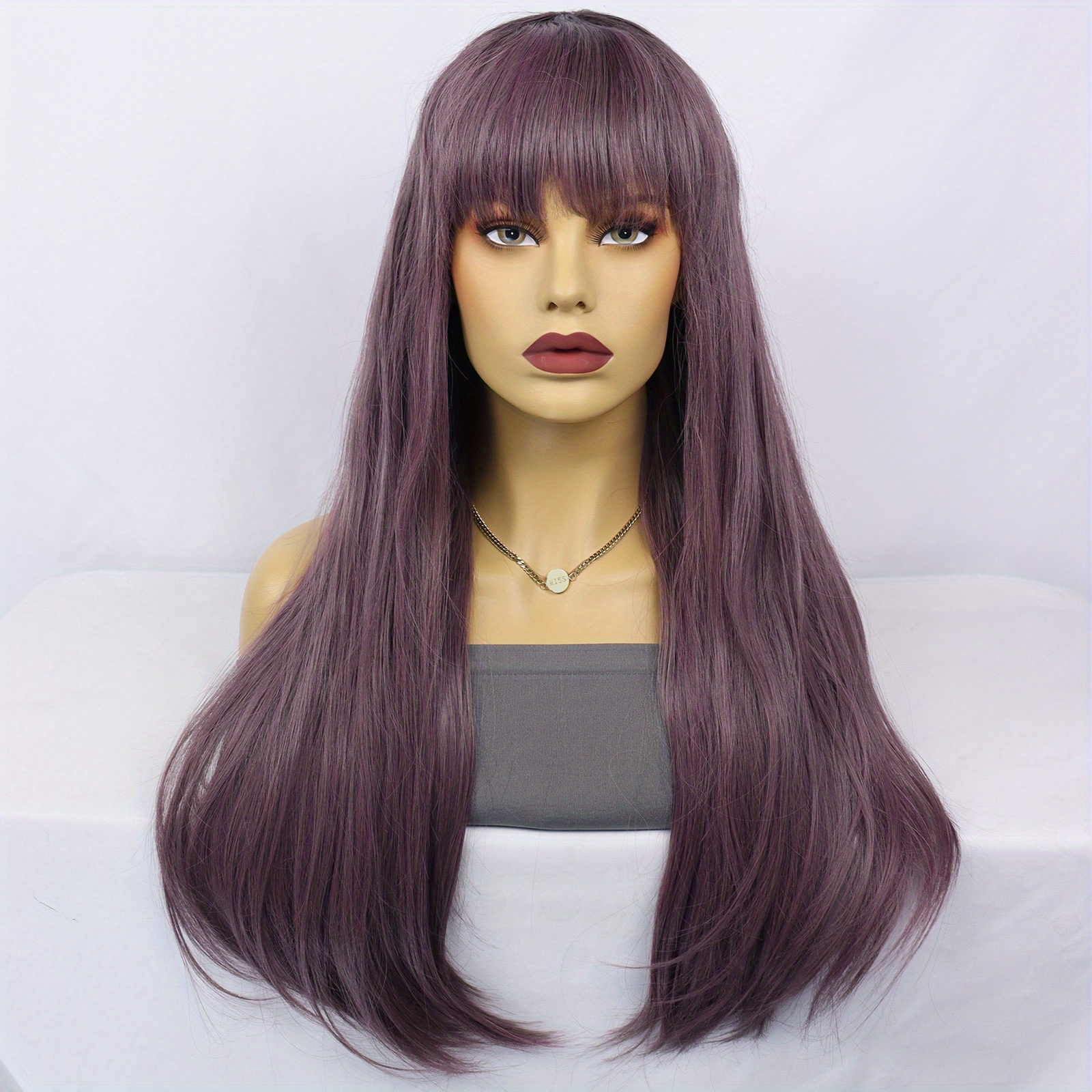 Fashion Long Straight Brown Purple Mixed Synthetic Hair Wigs Temu