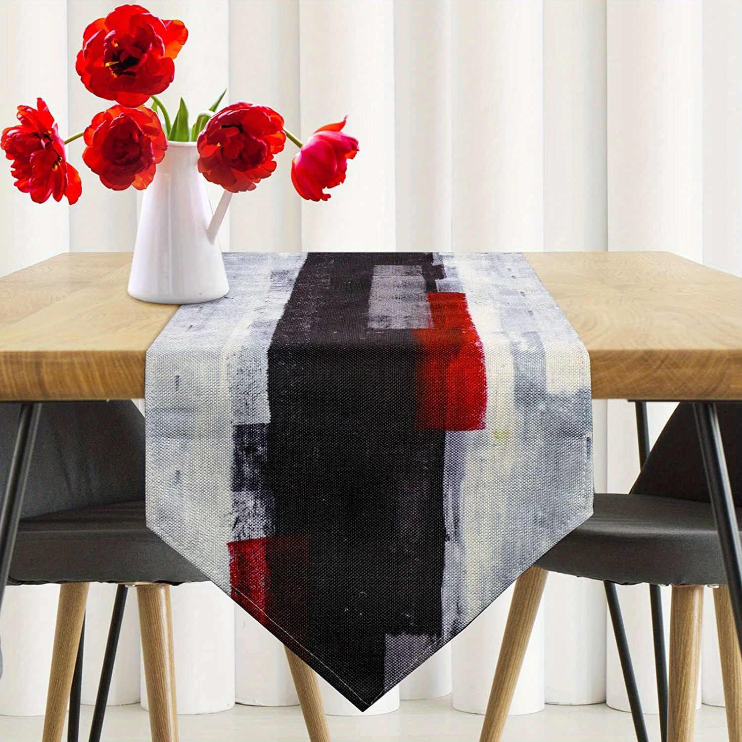 TEMU 1pc Farmhouse Style Burlap Table Runner - Abstract Red And Black For Dinner Parties And Holidays - Perfect For Dressing Up Your Dining Table