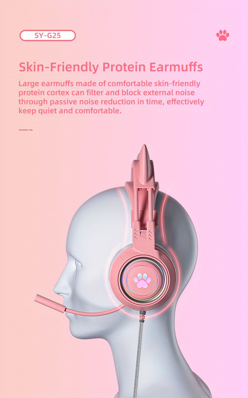 g25 computer headset pink cat ear luminous rgb light stereo bass surround compatible with ps4 pc xbox one ps5 notebook mac mobile 1 2 conversion cable soft memory earmuffs details 7