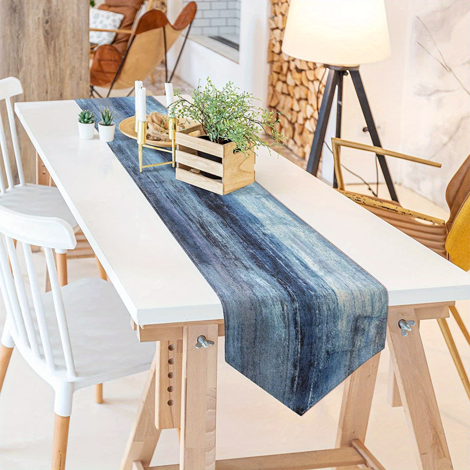 TEMU 1pc , Abstract Blue Gradient Table Runner, Modern Vintage Distressed Texture Decorative Runner, Minimalist Tabletop Accent For Dining Room,